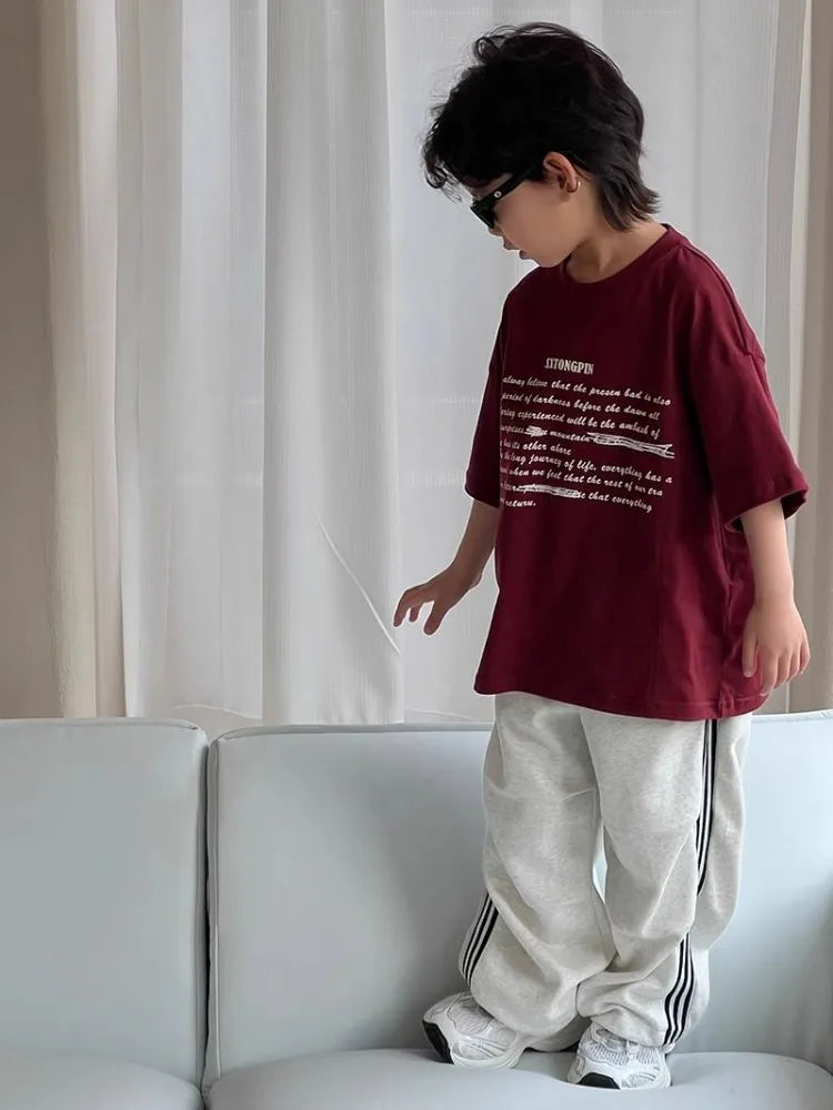 Boys' Korean Style 100% Cotton Short Sleeve T-Shirt Summer New Letter Print Casual Streetwear Cool