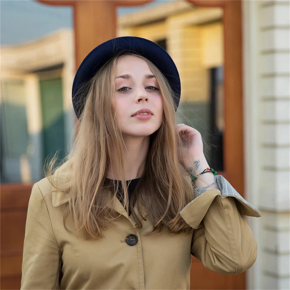 100% Wool Pork Pie Fedora Hat for Women Men Autumn Winter Felt Curved Brim Porkpie Hat