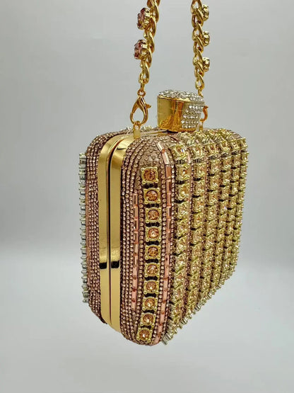 Handmade Diamond Encrusted Square Clutch Evening Bag Small Size Portable Sparkling Polyester Fiber Dinner Bag for Women