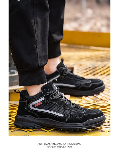 Reflective Strip Design Safety Work Shoes For Men Cow Suede Leather Indestructible Construction Boots Steel Toe Male Footwear