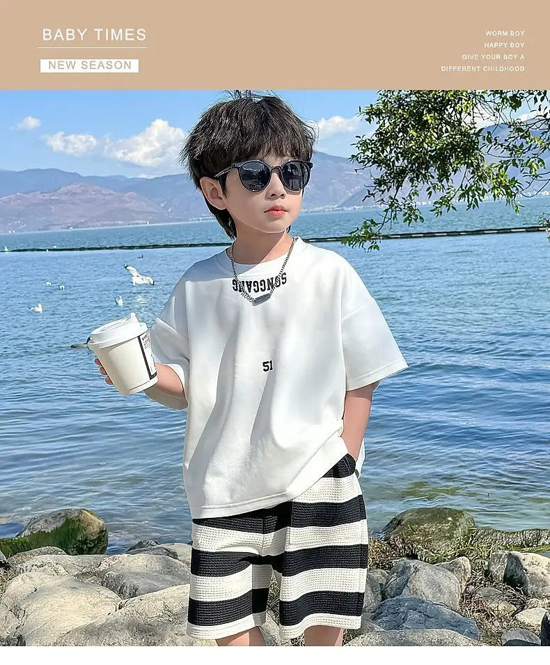 Summer Boys Cotton Leisure White T-Shirt Tops+Contrast Stripes Shorts Pant Set School Kids 2PCS Tracksuit Children Outfit 3-14Yr