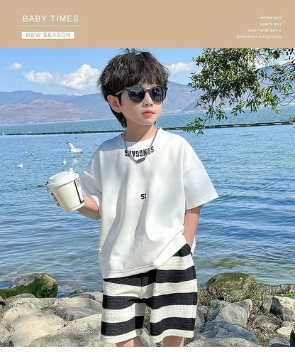 Summer Boys Cotton Leisure White T-Shirt Tops+Contrast Stripes Shorts Pant Set School Kids 2PCS Tracksuit Children Outfit 3-14Yr