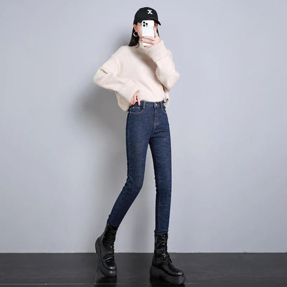 2023 Fashion Women Stretch High Waist Pencil Pants Casual Female Velvet Jeans High Quality Fleece Mom Jeans Thick Plush Pants