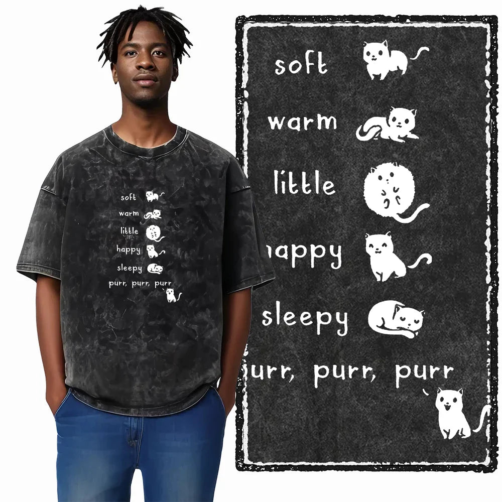 Cat Printed Cotton Acid Washed Exclusive Graphic Unisex T Shirt Cool Streetwear Men Tshirts Big Size Tee for Men