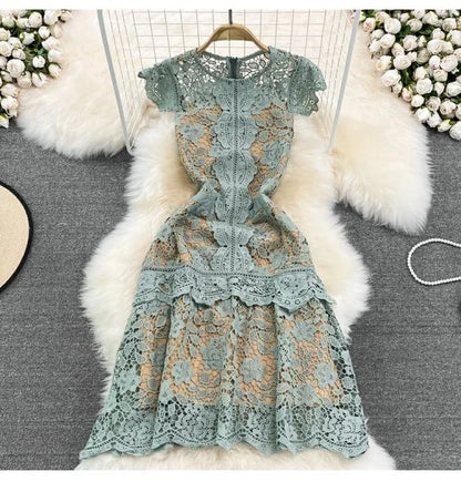 Retro Court Sle round Ne Fly Sve Slimming Soluble Hook Flower Hollow A-Line Dr Summer New Arrival Women's Faion