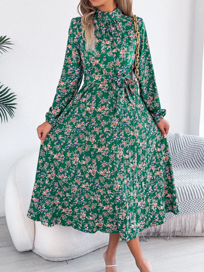 Floral Stand Up Collar Bridesmaid Dress 2026 Spring Summer Elegant Long Sleeve Waist Cinched Pleated Dresses Valentine's Day