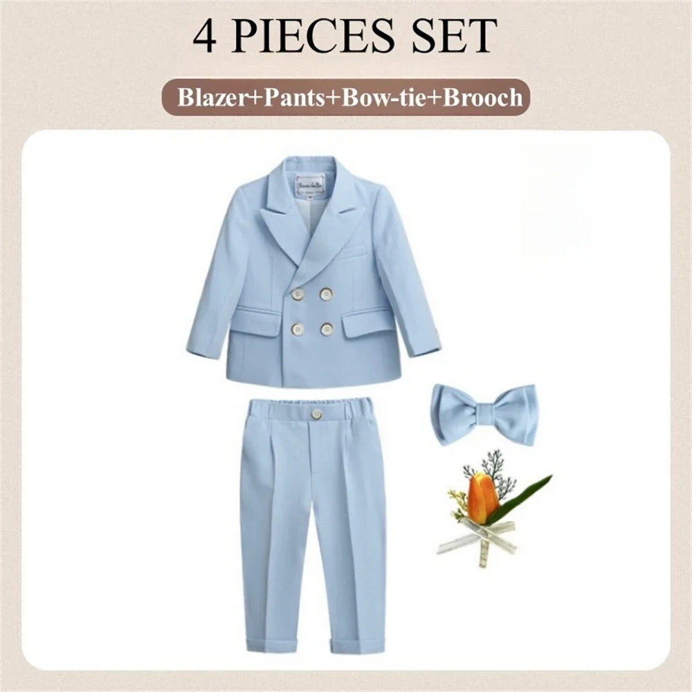 2-14 Yrs Toddler 3-Piece Suit Set Double Breasted Suit Jacket Pants Bowtie Birthday Communion Party Suit for Children