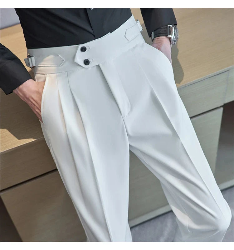 British Style Autumn New High Waist Trousers Men Belt Design Slim Fit Suit Pants Office Social Wedding Party Formal Pants Hommes