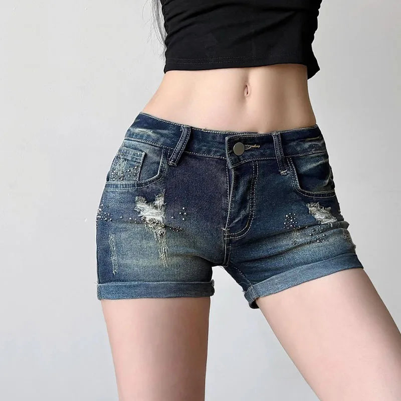Summer Women Hole Denim Shorts Sexy Low Waist Slim Fit Hot Rhinestones Short Jeans Woman Retro Y2K Streetwear Roll Up Hem Shorts