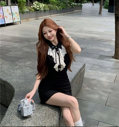 Hotsweet Y2k Dress Women Lace Splicing Bow Halter Waist Slim Fit Hip Mini Dresses Fashion Birthday Party Vestido Summer