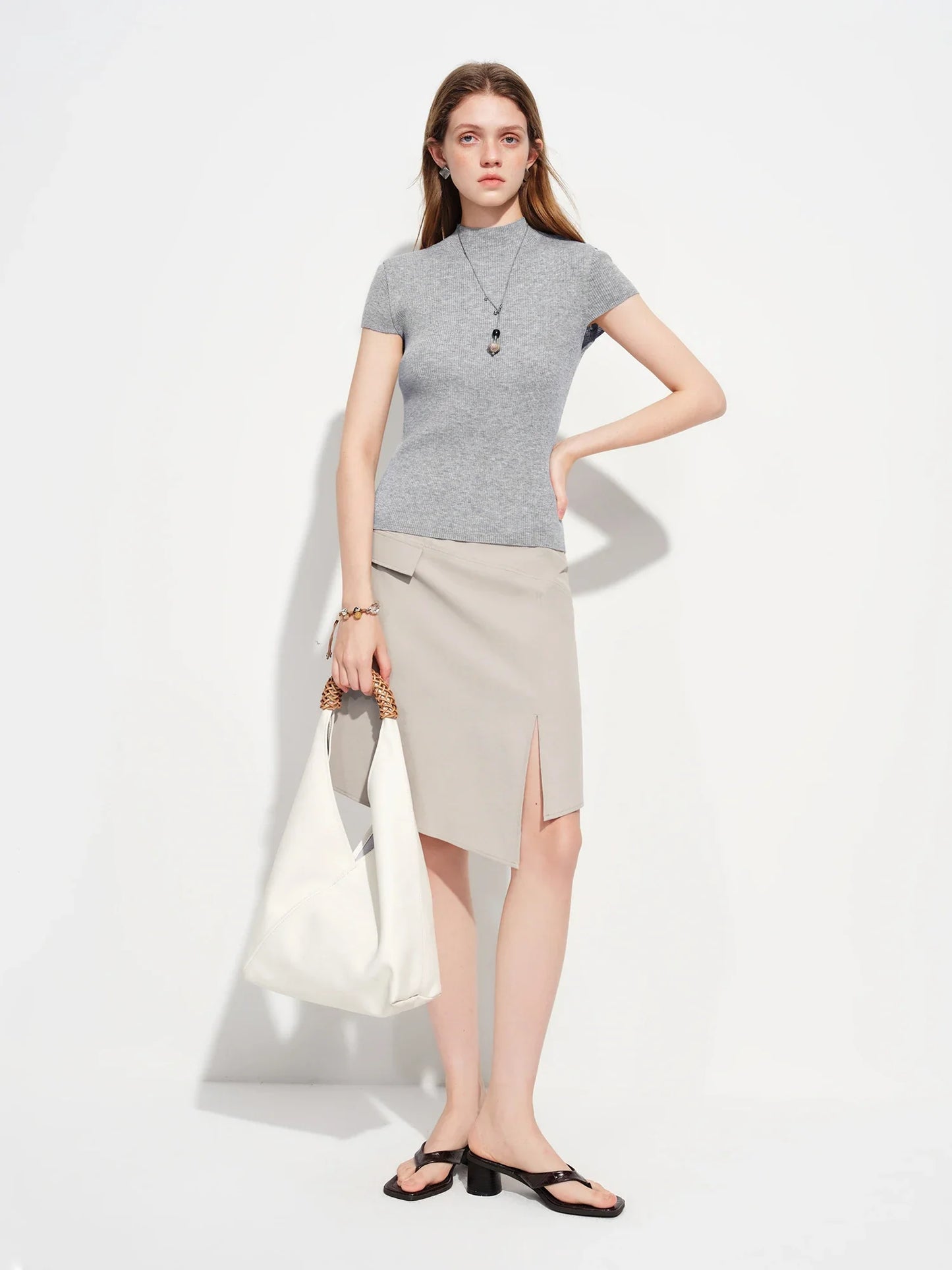 2026 Spring Women's Semi-High Neck Solid Wool Knit Sweater - Slim Fit Short Sleeve Simple Top for Casual Office Wear