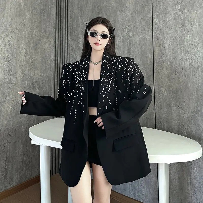 High-Quality Hot Diamond Black Blazer Women's Neutral Spring And Autumn New Design V ersatile Long-Sleeved Shoulder Padded Suit