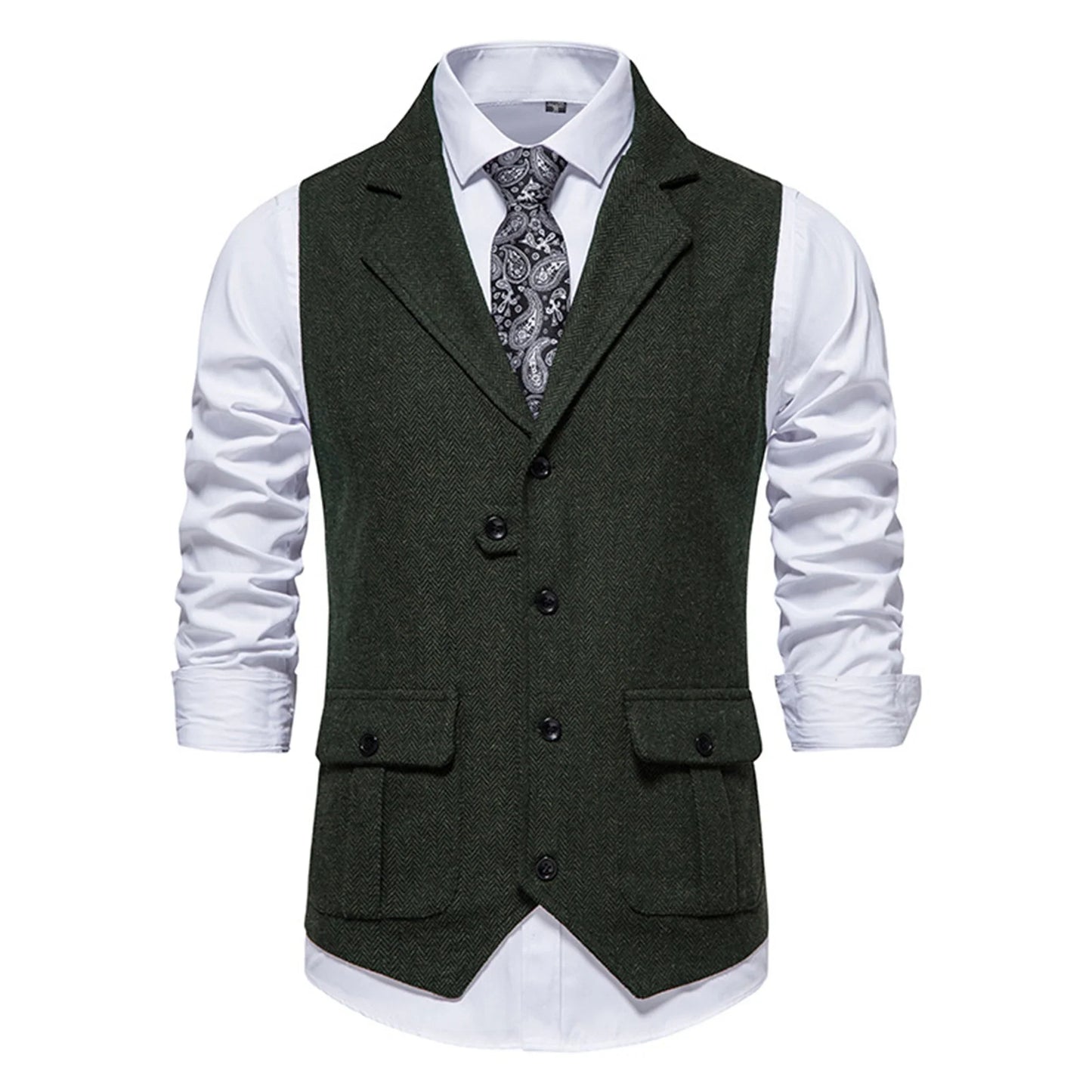 Tailored Collar Vest for Men Single Breasted Herringbone Tweed Suit Vest Mens Formal Striped Waistcoat Punk Groomsmen Wedding