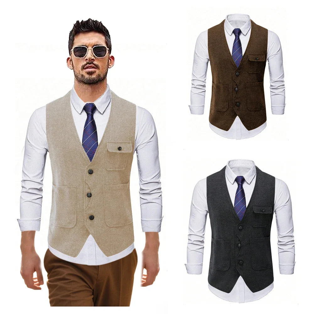 Men's Single Breasted Herringbone Suit Vest Casual Business Dinner Party Dress Mail Waistcoat Top Coat Wedding Groomsman's Dress