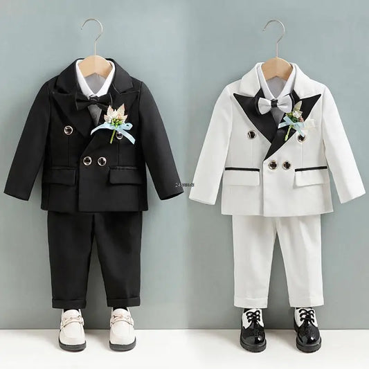 Children White Wedding Suit Kids DIY Jacket Pants Botwtie Photograph Suit Flower Boys Birthday Tuxedo Party Dress Dance Costume