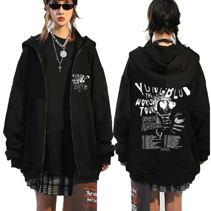 Singer Yungblud Black Hearts Club Zipper Hoodie Male Fleece Cotton Zip Up Hoodies Men Women Rock Vintage Oversized Zip Up Jacket