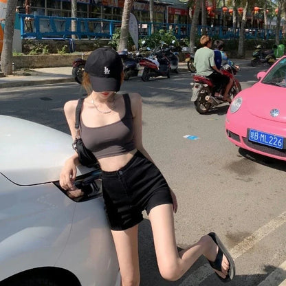 Y2K Korean Style Women's Black High Waisted Denim Shorts New A-Line Wide Leg Slim Fit Casual Summer Streetwear Trendy Hot Pants