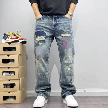 Korean Retro Ripped Jeans Embroidered Slim Fit Men'S Straight Leg Pants Graffiti Jeans Fashion Casual Pants