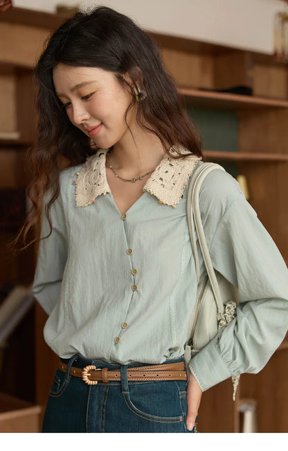 Women's Linen Shirt 2025 Autumn Contrast Apricot Lapel Shirts Long Sleeve Curved Placket Tops Office Lady MXE43C2387