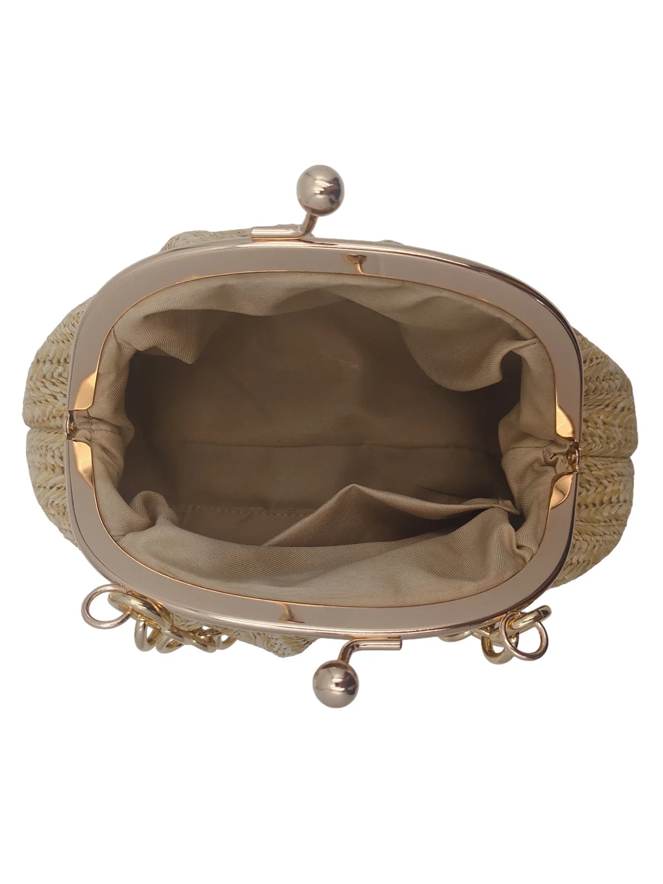 2026 new vacation straw women clutch, light brown herringbone textured pleated cloud bag shape. Rose gold bead metal frame buckl