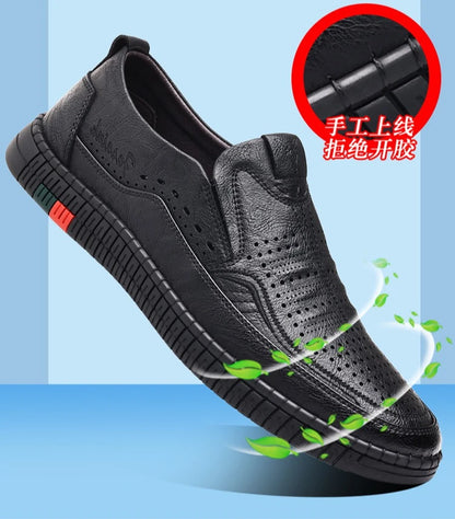 Summer New Breathable Hallow Leather Shoes for Men Solid Color Fashion Casual Driving Shoes Male Low Top Flat Shoes Man
