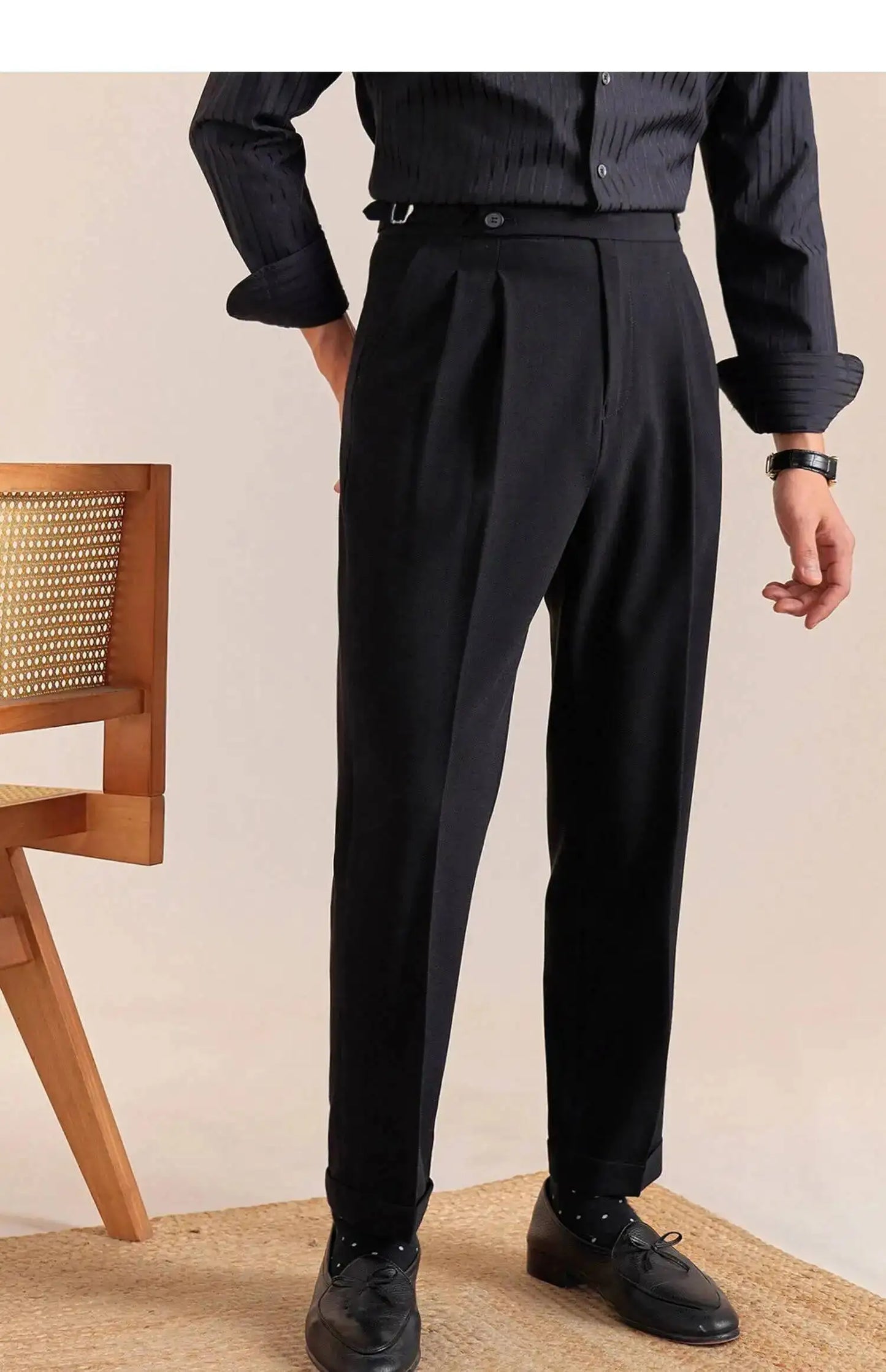 2025 New Italian Style Double Pleated Neapolitan Mens Formal Pants Casual Business Straight Leg High Waist Office Trousers Men