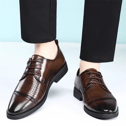 Men's Summer Breathable Leather Shoes Hollow out Fashionable Slip-On Comfortable Anti-Slip Soft Bottom Derby Shoes-SJ2501-1