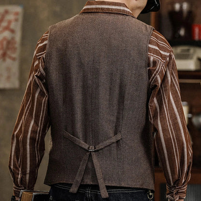 Men Vest Coffee Herringbone Single Button Pocket Waistcoat For Wedding Business Casual Formal Daily Office Work Men Suit Vest