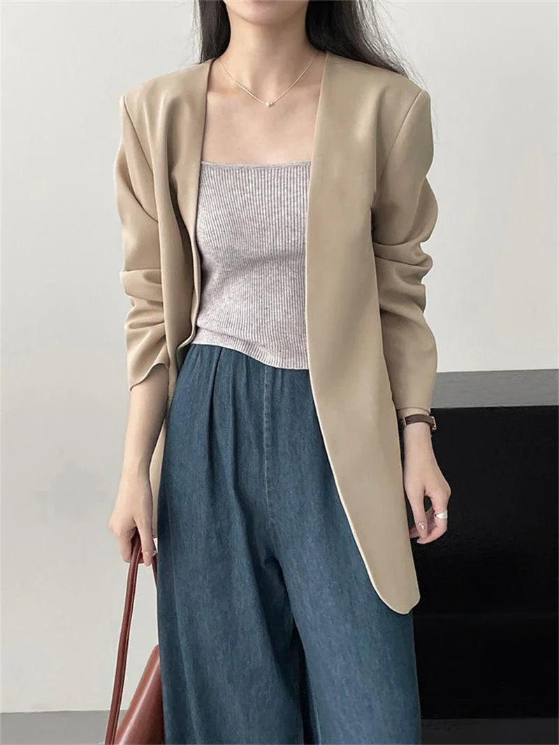 Fashion New Solid Casual Joker Women's Blazer Spring Autumn No Placket Cardigan Suit Jackets V-neck Long Sleeve 19-Color Coats