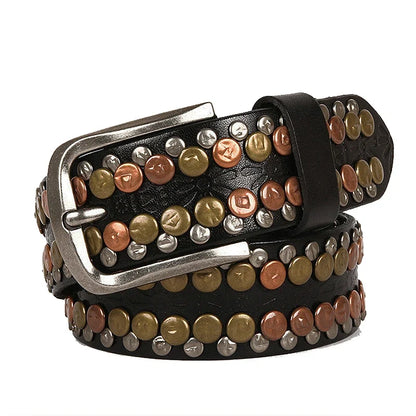 3.8CM  Hip Hop Punk Style Men Belt Round Rivet Real Genuine Cowskin Leather Strap Male Cowboy Studded Belts Rock Waistband
