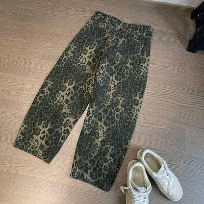 Autumn Tan Leopard Jeans Men Denim Pants Male Oversize Wide Leg Trousers Streetwear Hip Hop Vintage Loose Casual Animal Print