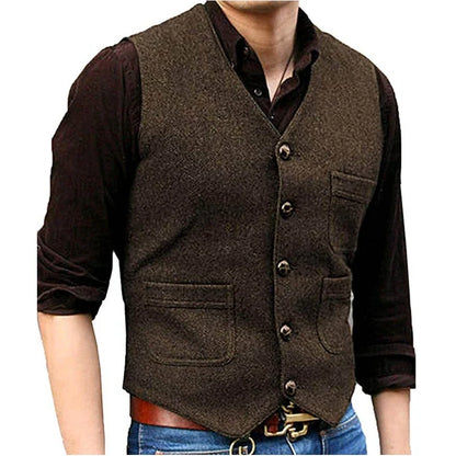Men Vest Dark Green Herringbone Single Button V Neck With Pocket Waistcoat For Wedding Banquet Business Casual Work Men Suit