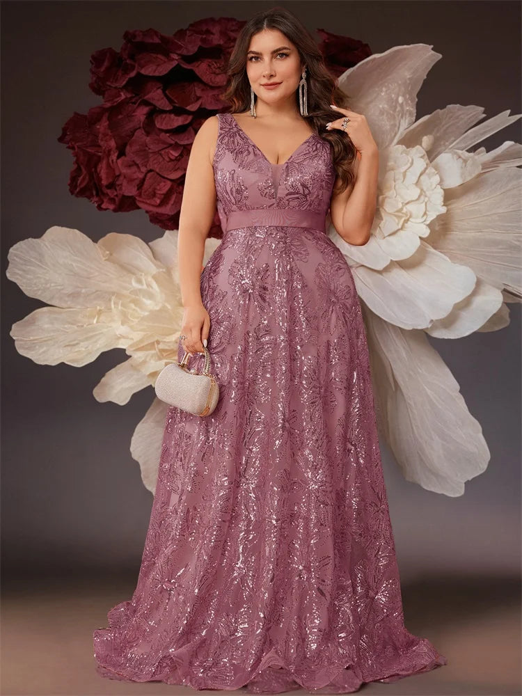 Plus Size Luxury Deep V-Neck Sequins Blue Evening Dress Women Elegant V-back Wedding Party Long Prom Cocktail Dresses
