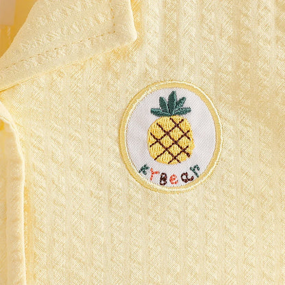 Girls Summer Dress 100% Cotton 2-8Y Cold Shoulder Short Sleeve Pineapple Embroidery Button Up Casual A-Line Sundress