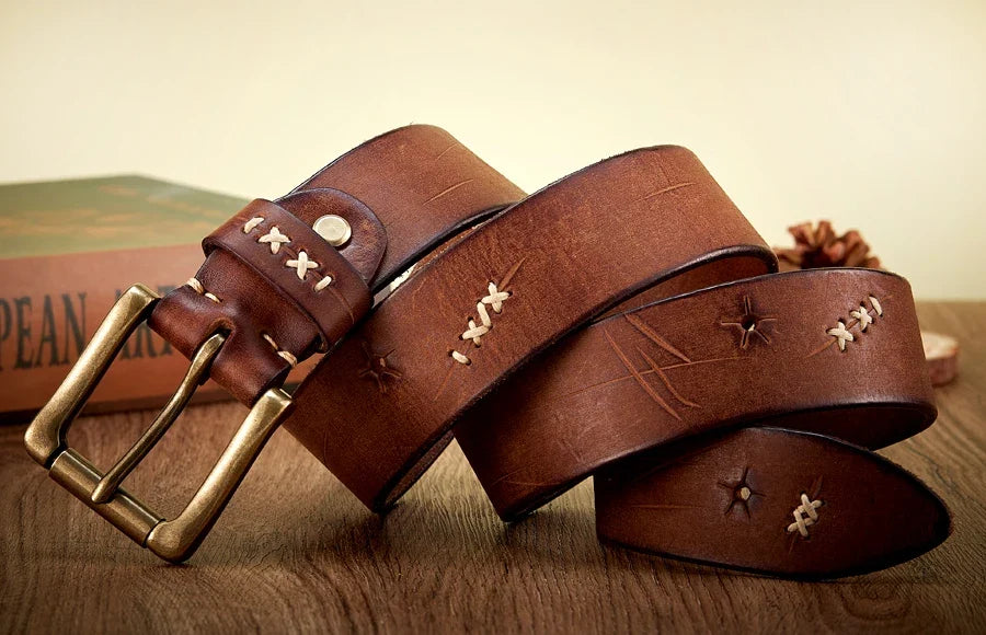 Vintage Genuine leather Luxury Handmade Leather Copper Buckle Man's Belt Cowhide Retro All-match Casual Jeans Soft Belt