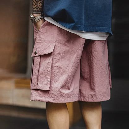 Outdoor Quick-Dry Pink Cargo Shorts Men's Summer Lightweight Woven Elastic Waist Shorts Loose Straight Bottoms for Sports