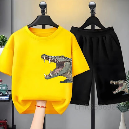 Children Tees Crocodile Head Black Suitable Girls Boy Tshirt+Shorts Kids Set Short Sleeve For Ages 3 And Up Summer Clothing