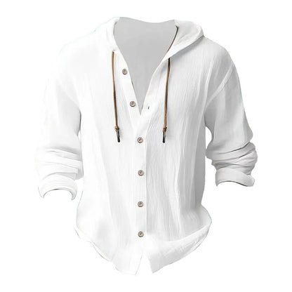 Men's Solid Color Casual Shirt, Hooded Drawstring Cotton and Linen Cardigan, Trendy and Versatile Loose Beach T-Shirt