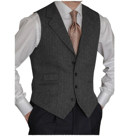 Men's Formal Suit Vests Slim Fit Males Tailored Collar Herringbone Tweed Casual Business Waistcoat Groomsman Vest For Wedding