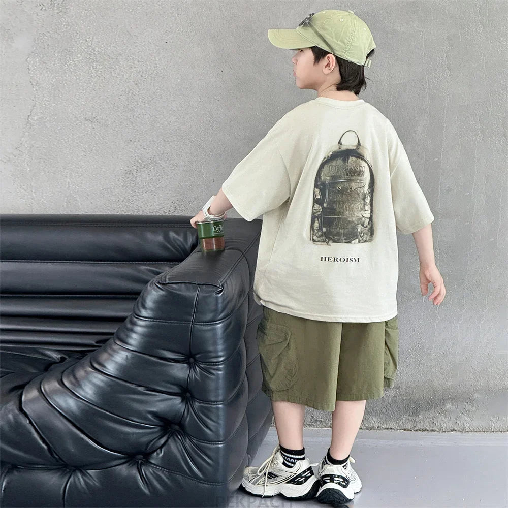 New Summer Korean Children Fashion Suit for Teen Boy Cotton Top And Bottom Set Kids Casual Tshirt Shorts 2PCS Clothing Set 7-16Y