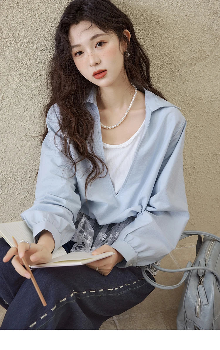 French Spring Shirts Women 2025 Long Sleeve Turn-down Collar Fake Two-piece Blouses Female Splicing Lace Tops MXE16C0783