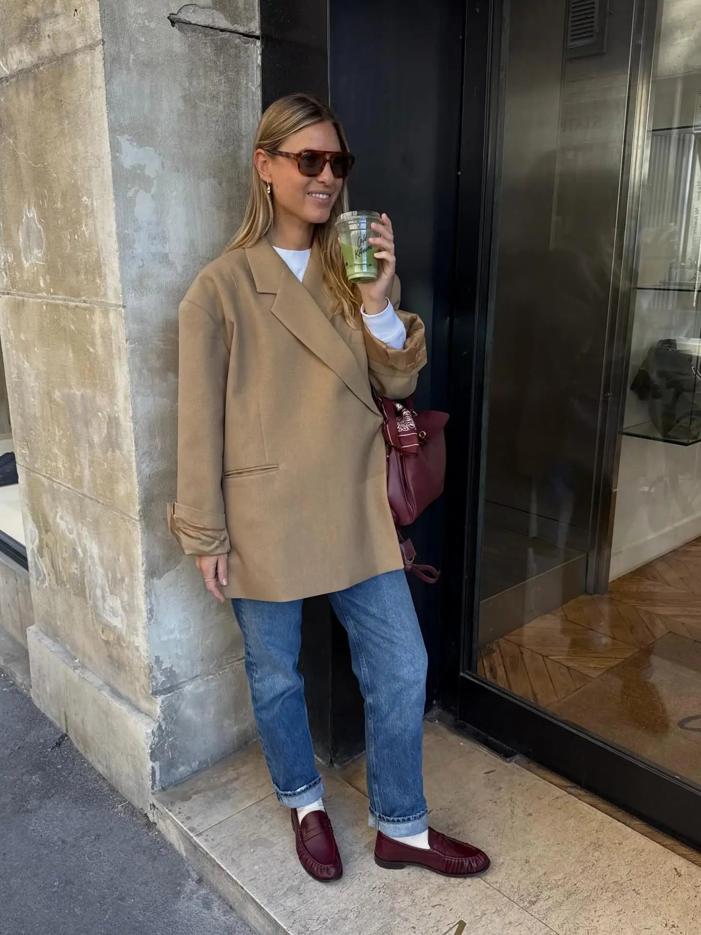 Chic Oversized Lapel Double Breasted Ruched Blazer Women 2026 Spring Khaki Elegant Puff Sleeve Casual Soft Daily Wear Outerwear