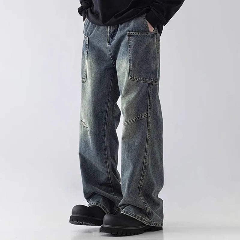 Korean Style Large Pocket Workwear Jeans Retro Blue Men'S Baggy Jeans Straight Leg Pants Casual Wide Leg Pants Casual Pants
