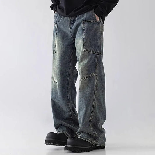 Korean Style Large Pocket Workwear Jeans Retro Blue Men'S Baggy Jeans Straight Leg Pants Casual Wide Leg Pants Casual Pants