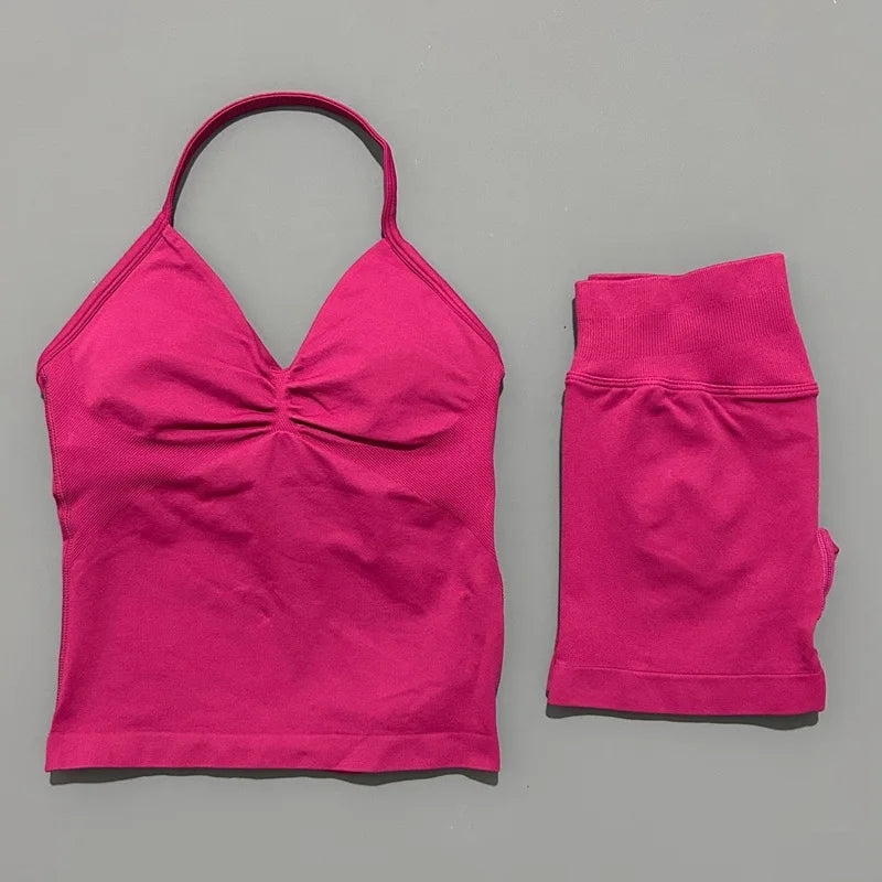 2 Piece Sports Set Women Seamless Yoga Tank With Removable Pads Top Scrunch Butt Workout Leggings Suit Gym Sports Sets