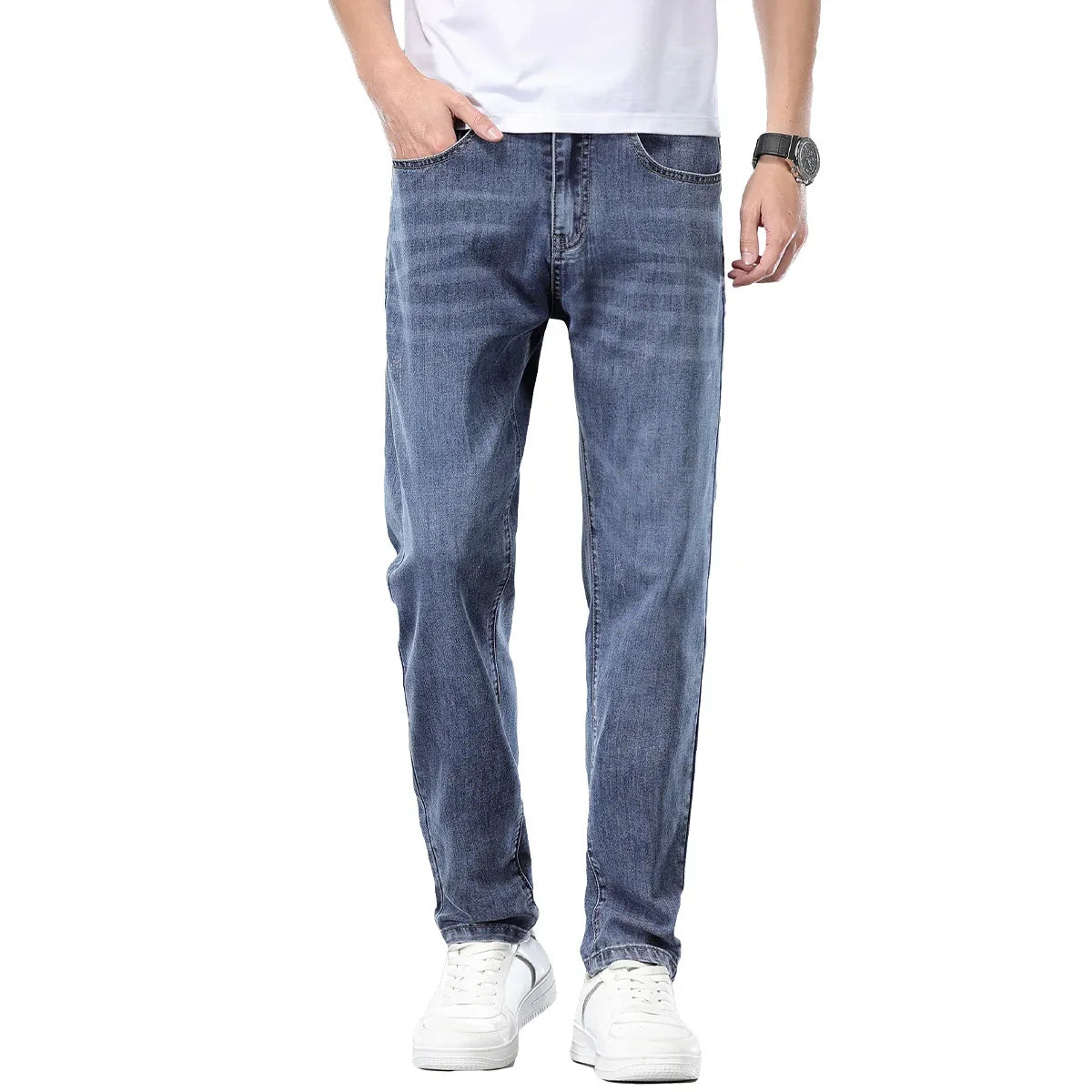  Brand Clothing Spring Summer Slim Men's Jeans Casual Breathable Cotton Fabric Stretch Denim Pants Blue Trousers Male Plus Size