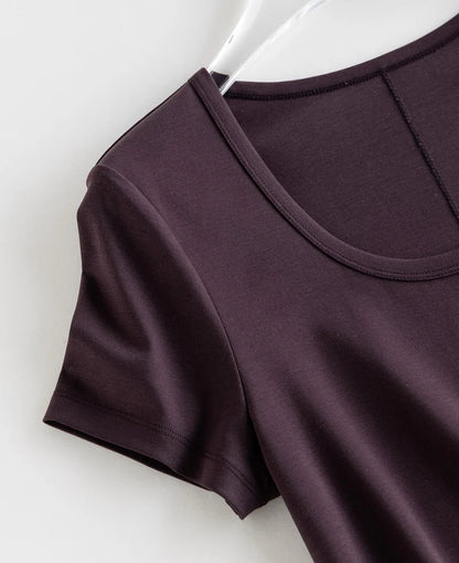 Women Solid T Shirt, Silk Cotton Blend, Square Collar, Short Sleeves Chic Shirt 2025 Spring Summer Cozy Top