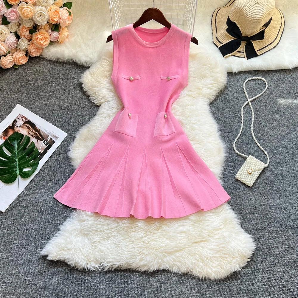 Chic Fashion 2026 Summer Pleated Short Dress Women O-neck Slim Waist A-line Party Dress Streetwear Lady Outfits Vestido