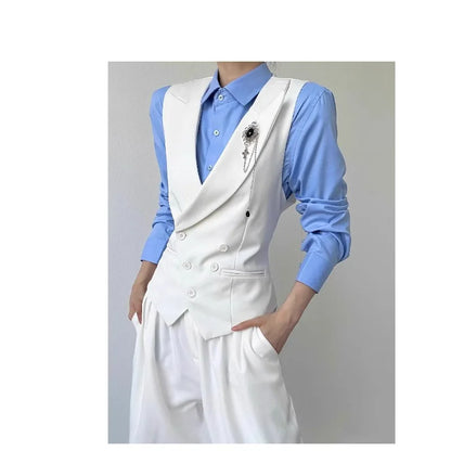 Men Vest Korean Simple Solid Turn Down Collar Sleeveless Man Waistcoat Slim Double-breasted Versatile Male Suit Vest