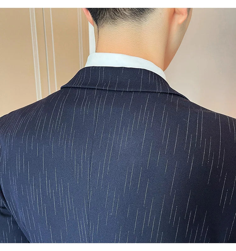 ( Blazer + Vest + Pants ) High-end Formal Casual Business Striped Fashion Men's 3 Piece Suit Groom Wedding Dress Suit